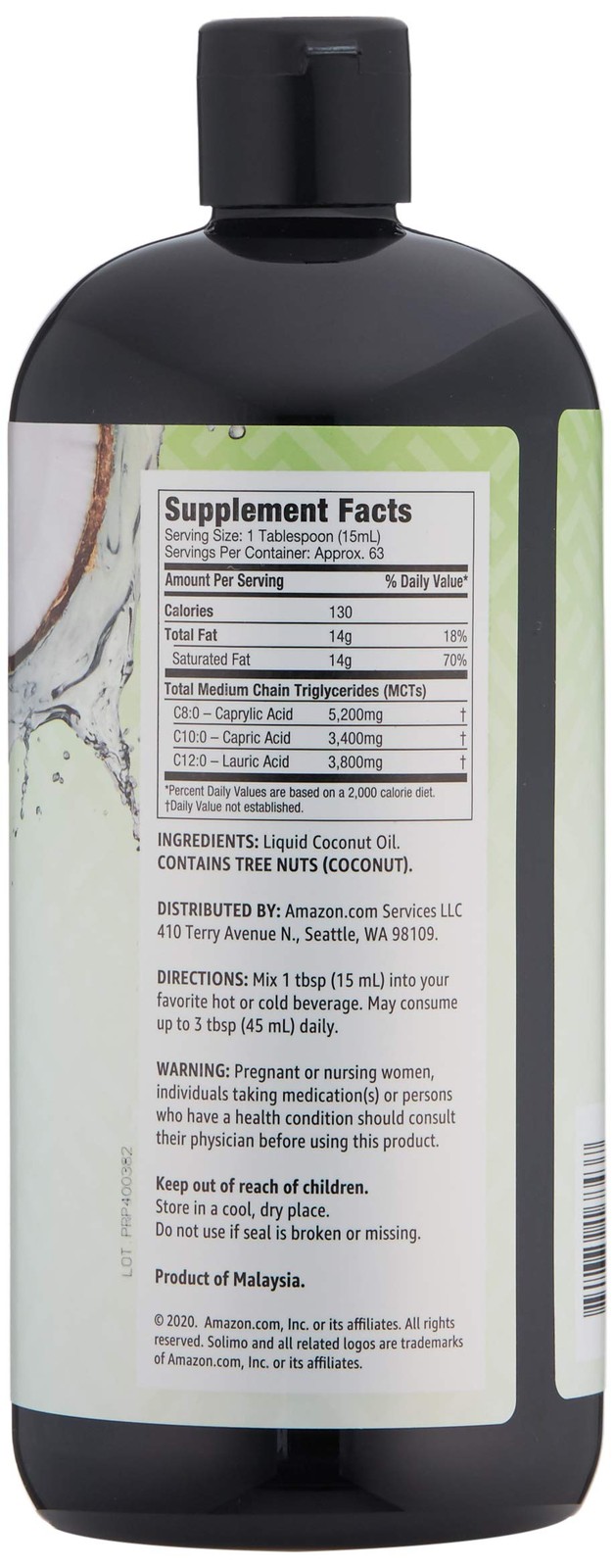 MCT Liquid Coconut Oil, Unflavored, Vegan, Gluten-Free, 32 fl oz Bottle