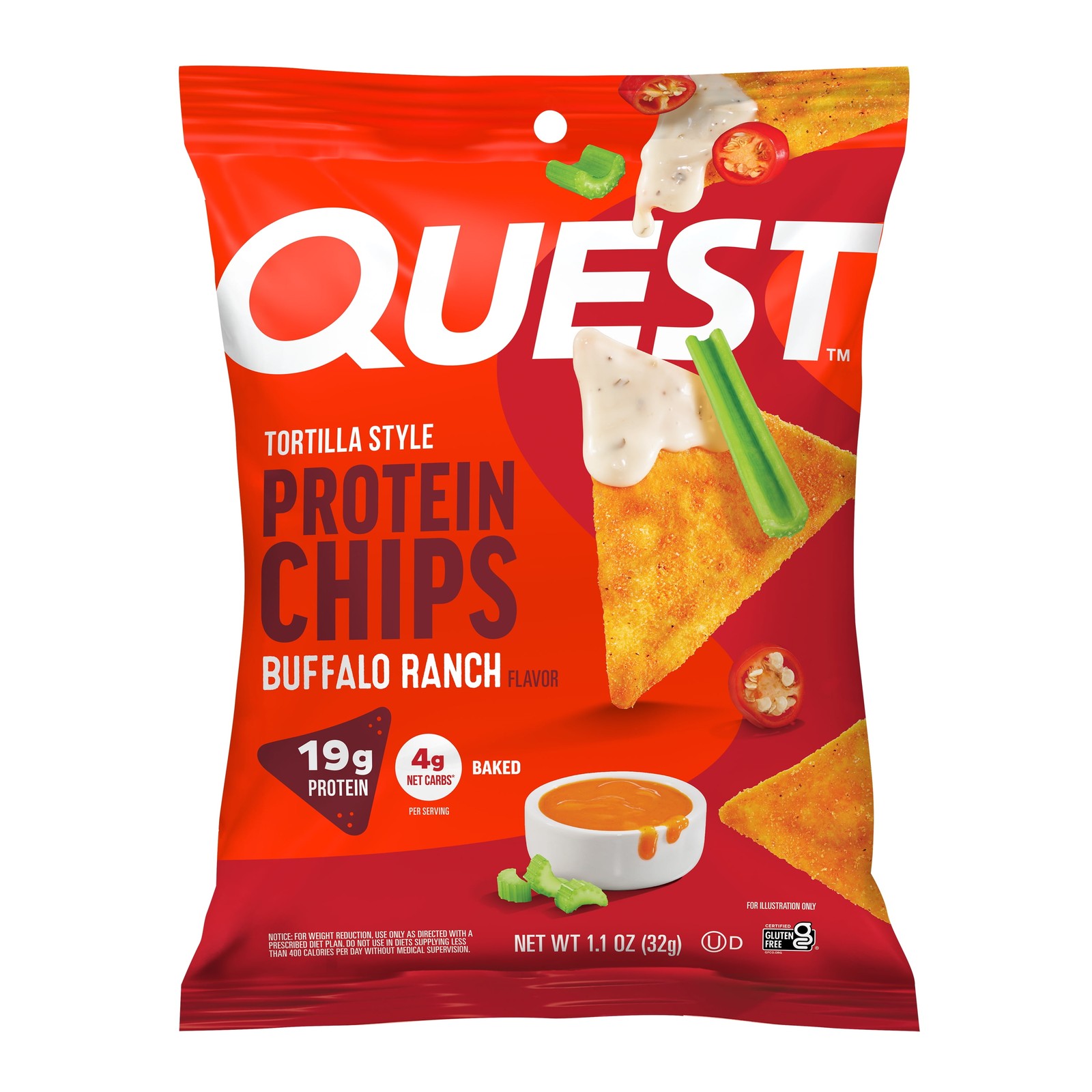 Quest Tortilla Style Protein Chips, Buffalo Ranch Flavor, Baked, 1.1Oz Bags, 4 C