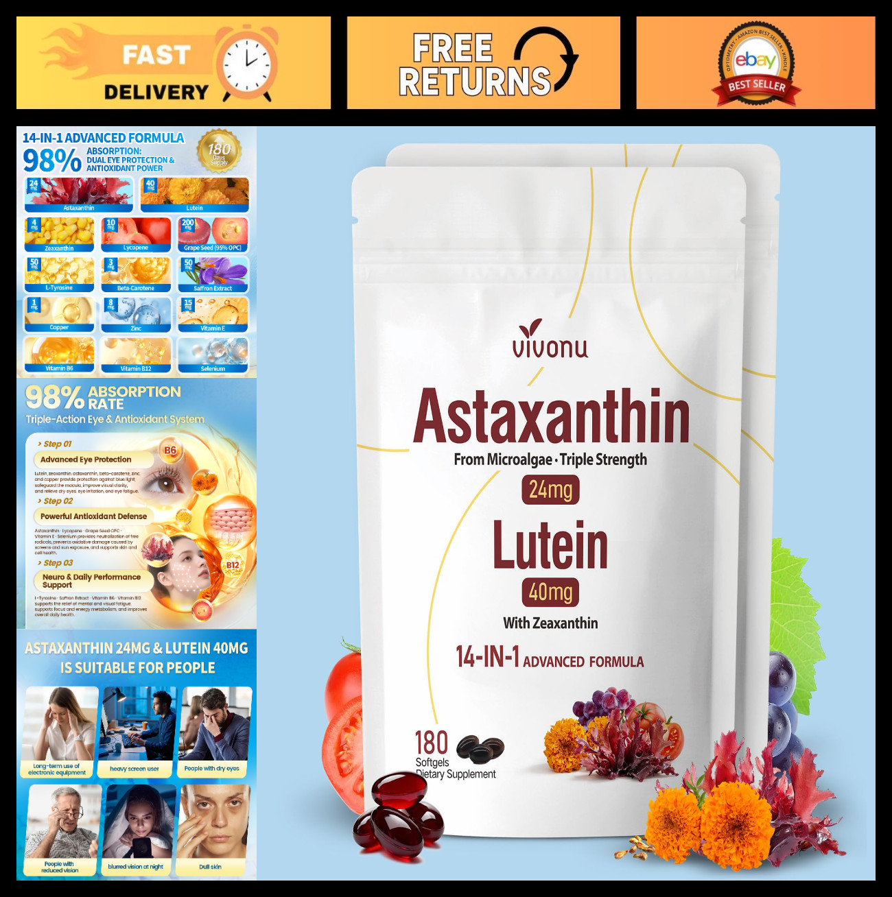 14-in-1 Astaxanthin 24mg & Lutein 40mg with Zeaxanthin, 360 Softgels, 12 Month S
