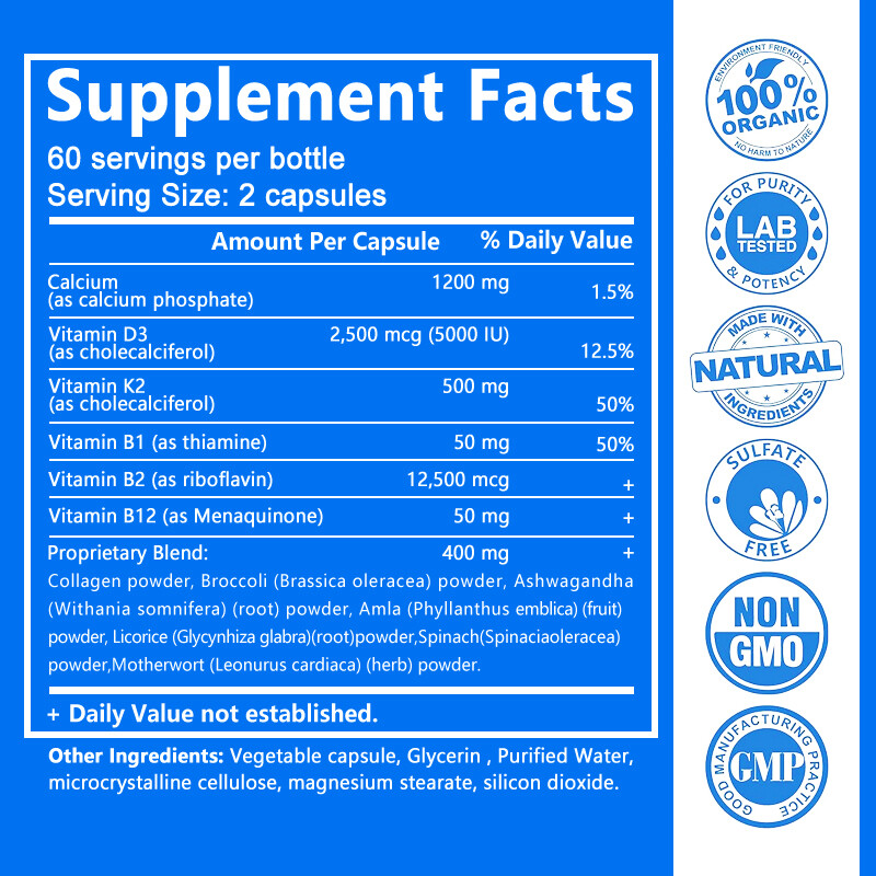 Calcium Capsules w/ D3+K2+B12,Heart & Muscle Support,Nerver & Immune Support