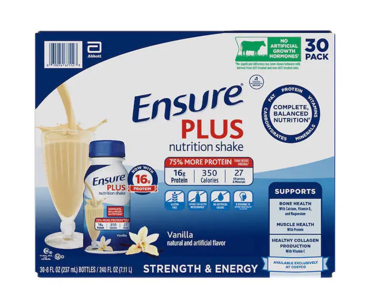 Ensure Plus Nutrition Shake, 8 fl. oz., 30-pack, Vanilla. Always FRESH.