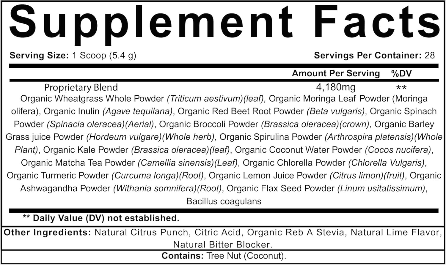 Venasolla Super Greens Powder – Citrus Punch Flavor – Spirulina, Prebiotic Fiber