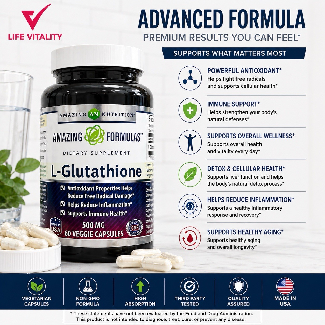 L-Glutathione 500mg 120 Veggie Capsules Total 2 Pack Antioxidant Immune Support