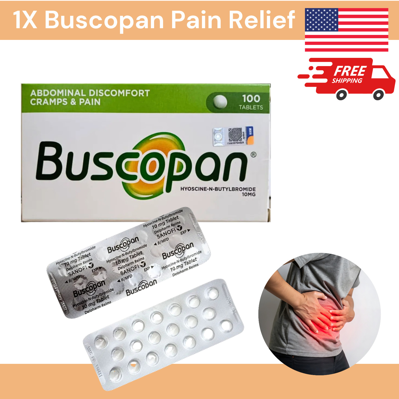 1X 10mg 100 tablets Irritable Abdominal Discomfort Cramps Pain Relief Free Ship