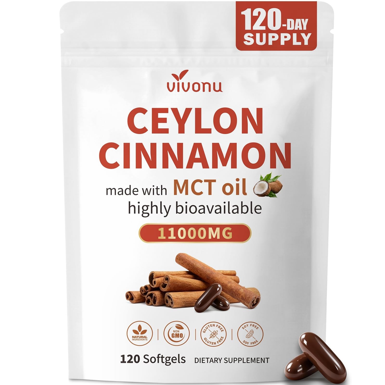 Organic Ceylon Cinnamon & MCT Oil Softgels – 120 Count, Energy & Metabolism Boos