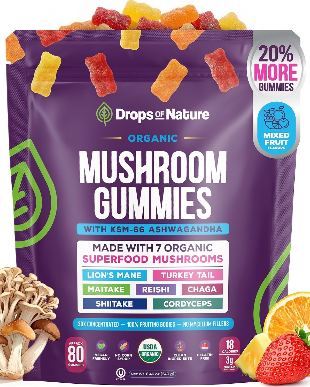Drops of Nature Mushroom Gummies – Ashwagandha, Lion’s Mane – 80ct