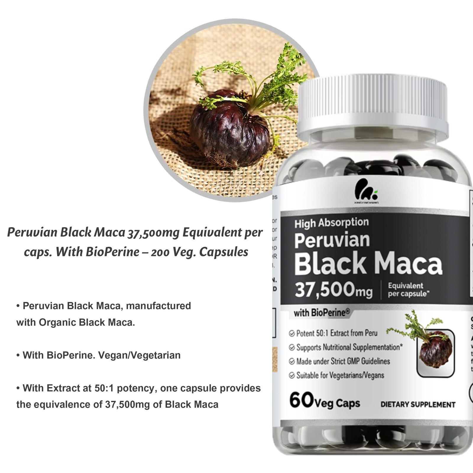 Peruvian Black Maca 37500mg – Natural Energy Booster, Testosterone Support NEW