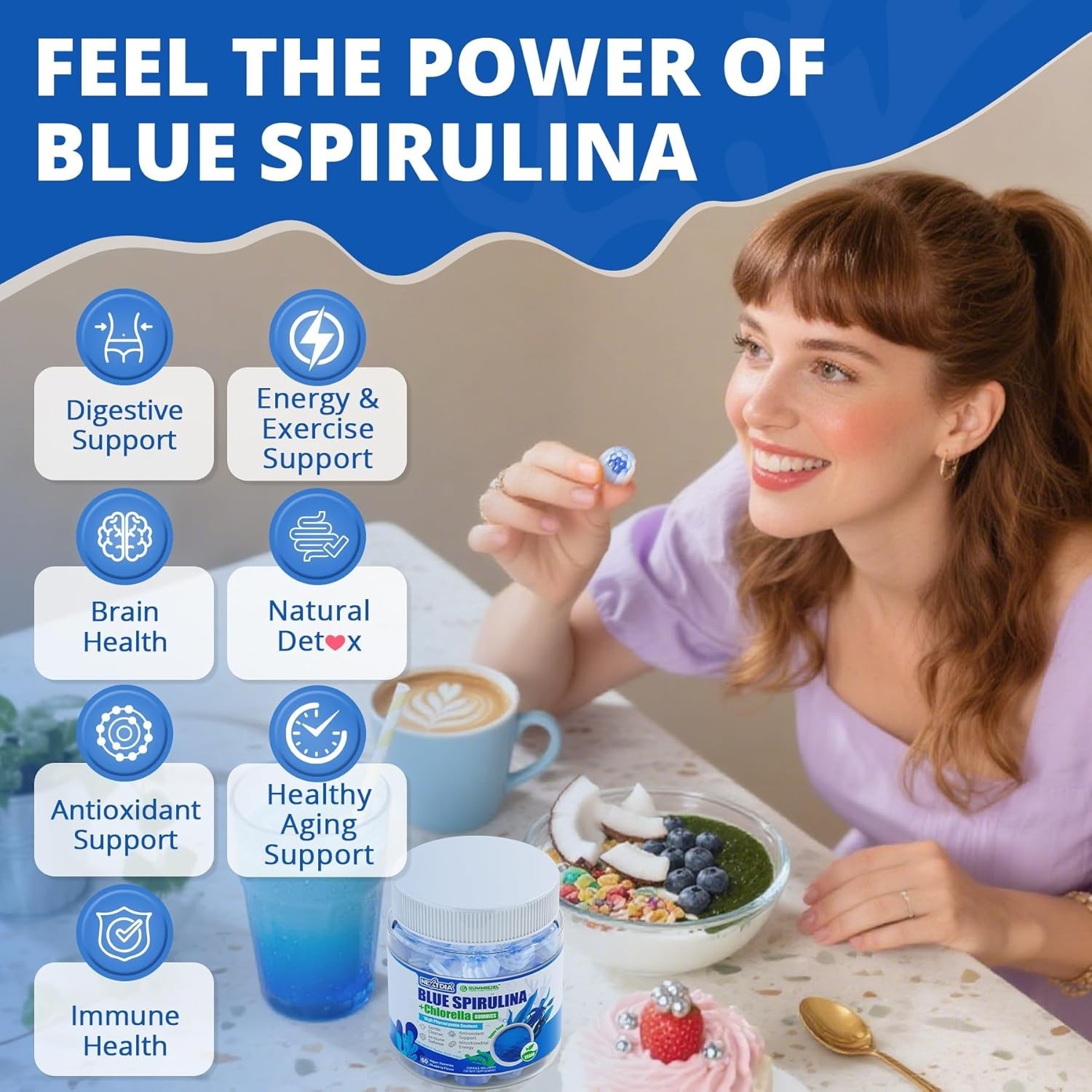 Nextdia Organic Blue Spirulina Gummies Sugar Free Superfood 120 Count Vegan