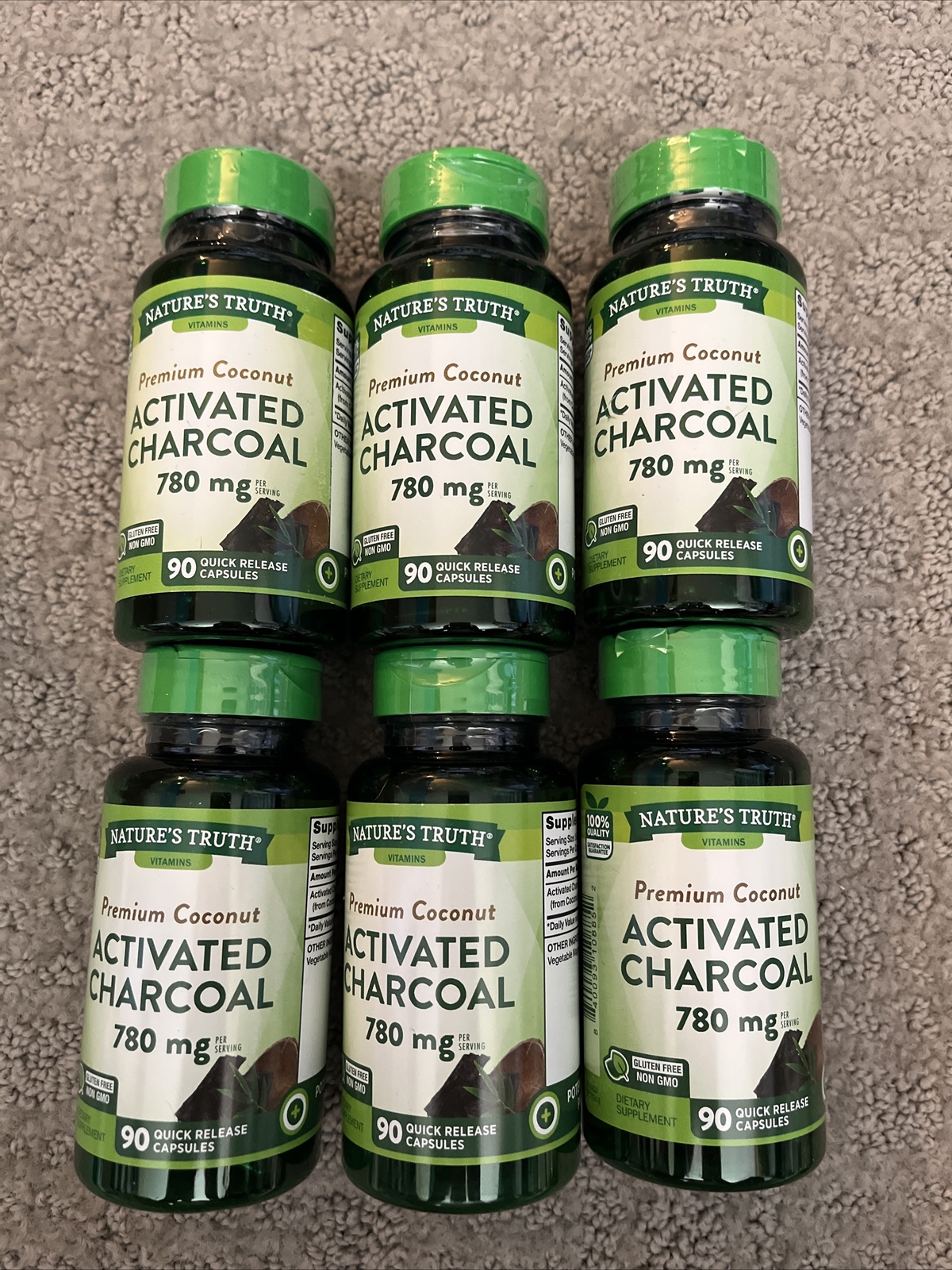 6 NATURE’S TRUTH ACTIVATED CHARCOAL 780 MG COCONUT 90 CAPSULES Each Exp 2026
