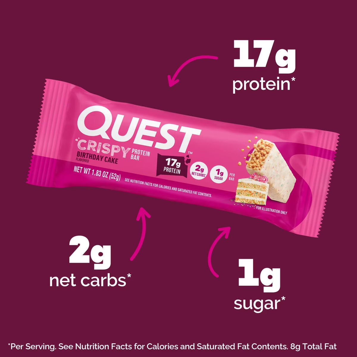 Quest Crispy Hero Protein Bar, Birthday Cake Flavor, Low Sugar, 4 Count..