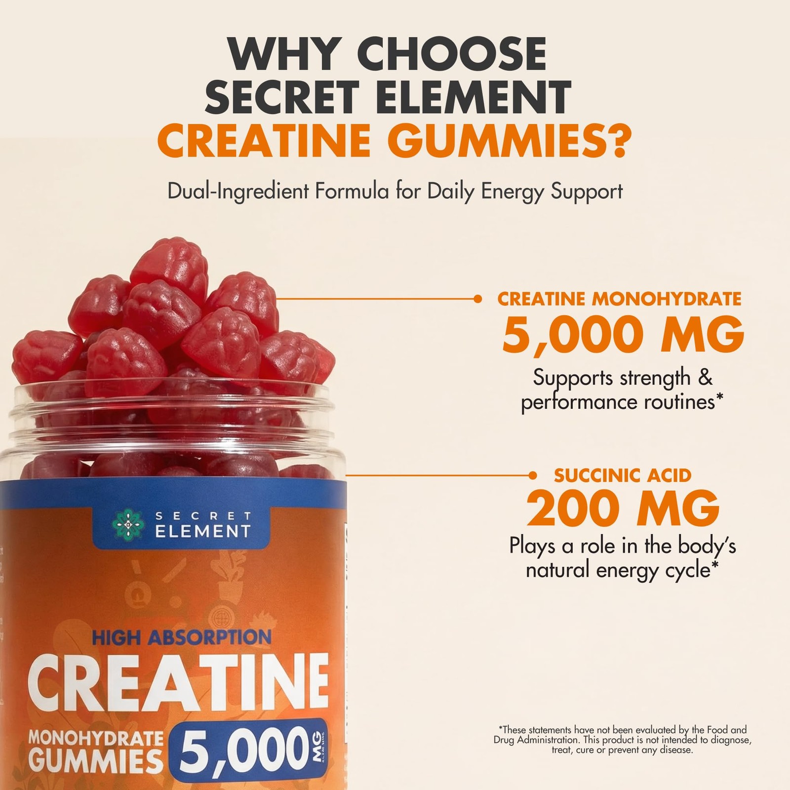 Secret Element Creatine Monohydrate Gummies 5000 Mg Per Serving Sugar Vegan