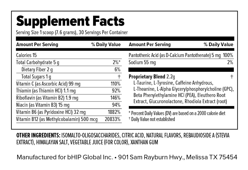 BHIP Focus Energy Drink Powder – Vitamins + Caffeine + Adaptogens | 30 Servings