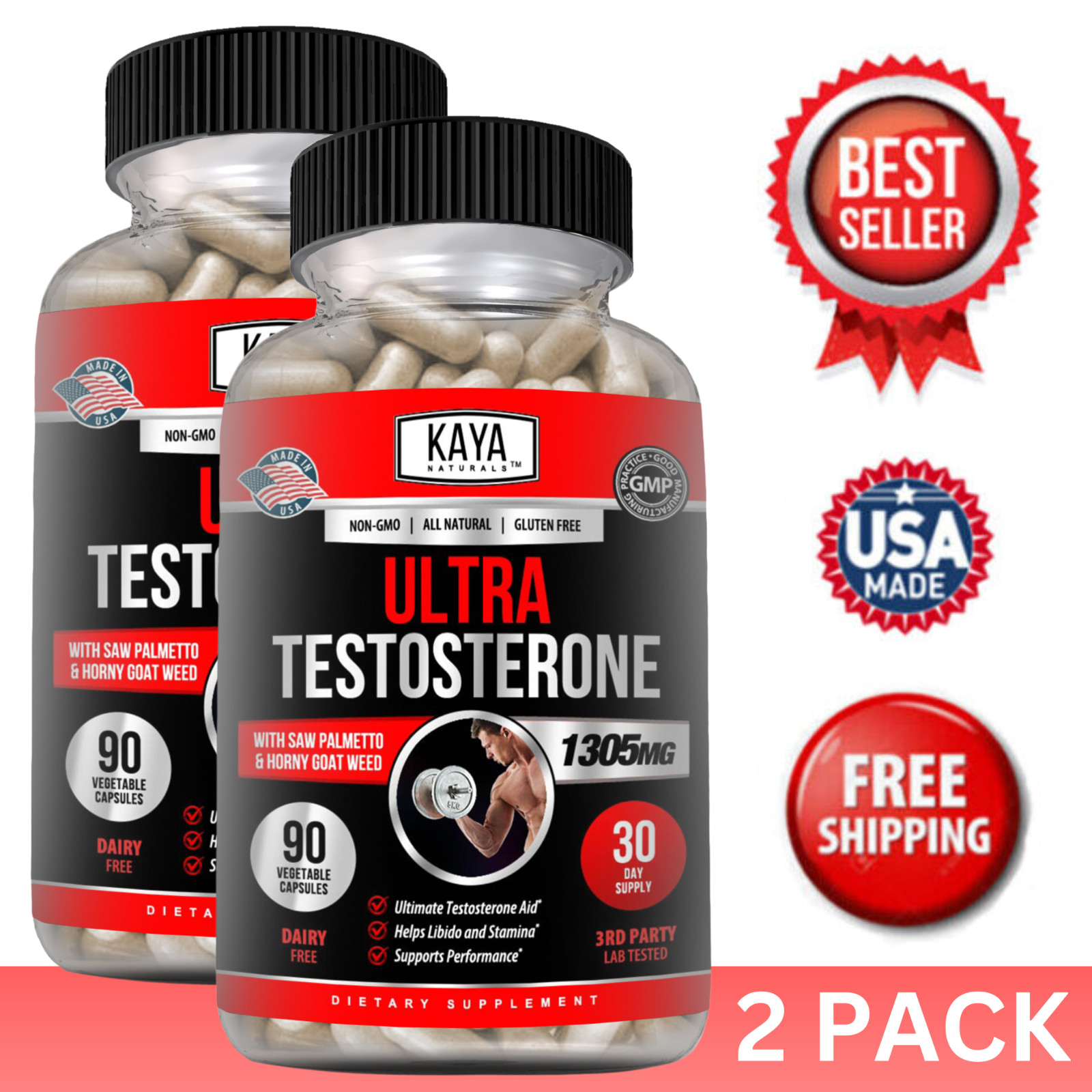 (2 Pack) Natural Testosterone Booster Magnesium Zinc Tribulus Horny Goat Weed