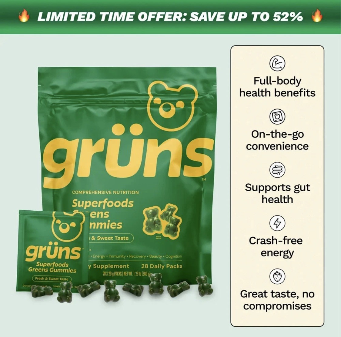 Gruns Low Sugar – SuperFoods Greens Gummies, Sweet Taste – 28 Pack