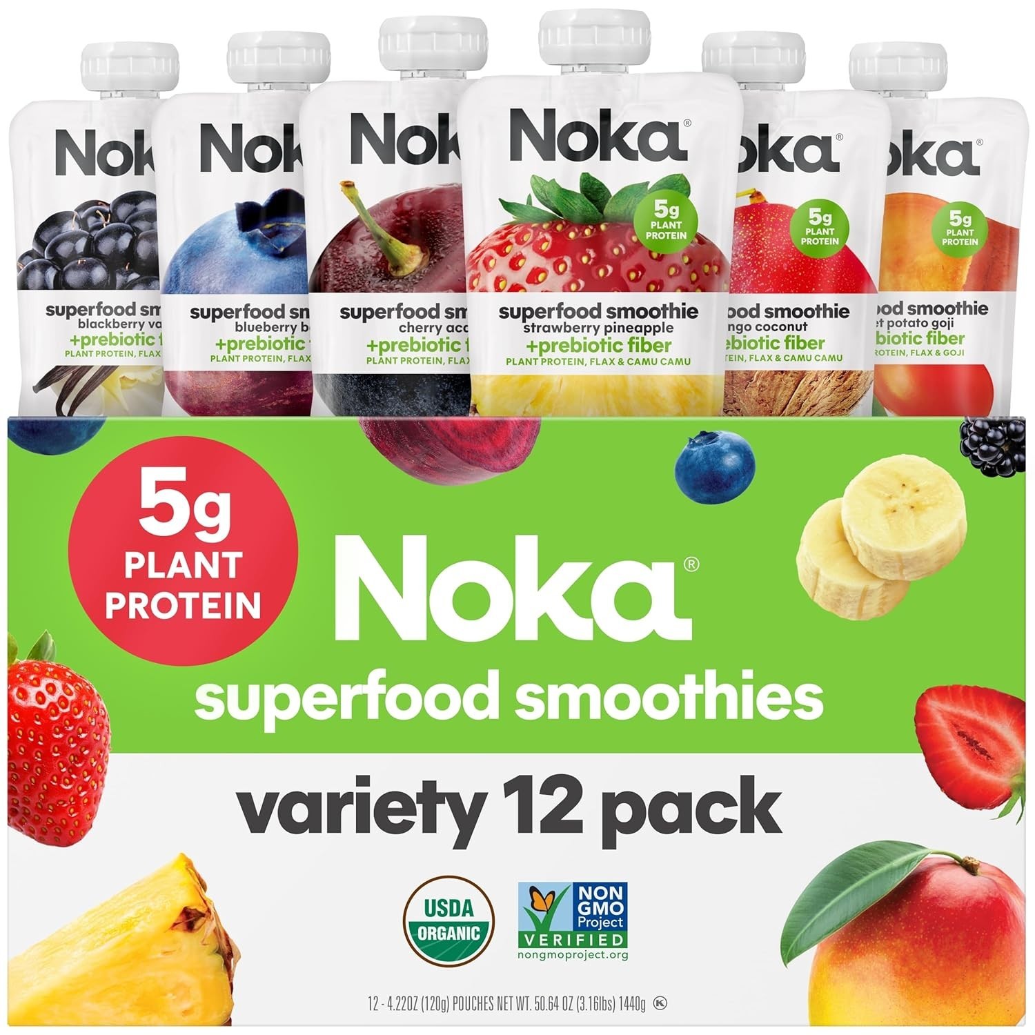 Noka Superfood Fruit Smoothie Pouches Variety Pack, Healthy Snacks with Flax See