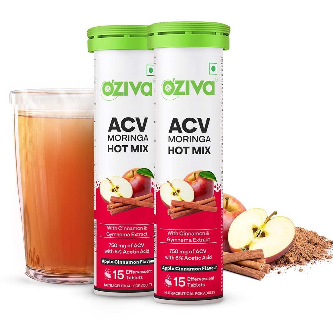 OZiva ACV Moringa Tablets Effervescent Apple Cinnamon 30 Tablets 2 Pack