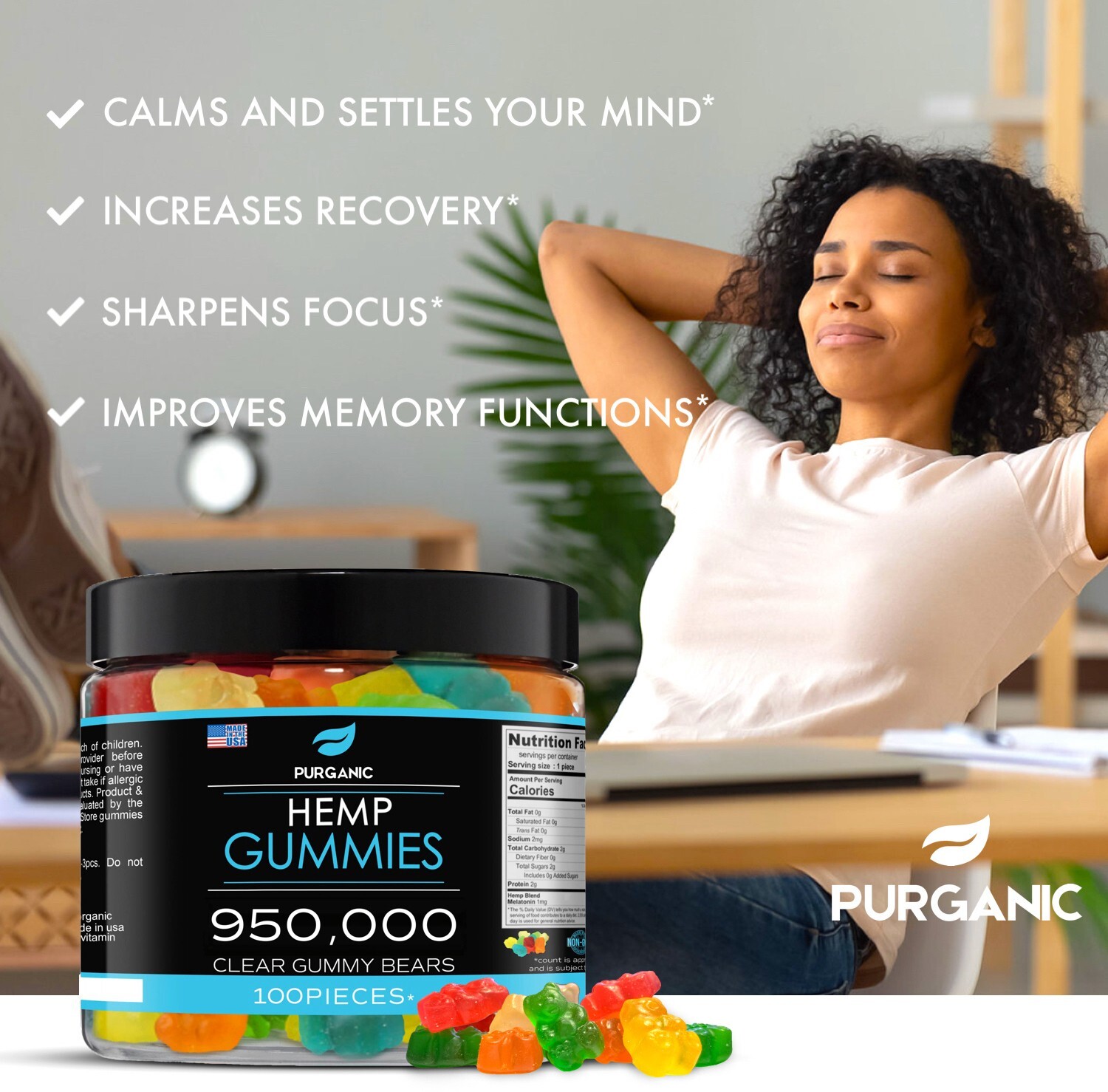 Natural Gummies for Stress Relief – Great for Pain, Insomnia & Anxiety – 100ct