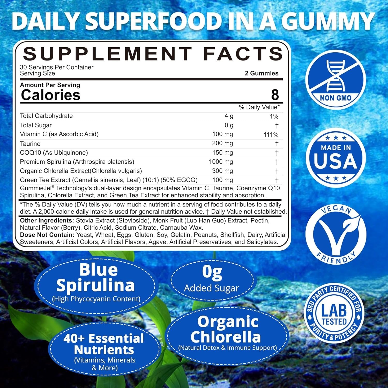 Nextdia Organic Blue Spirulina Gummies Sugar Free Superfood 120 Count Vegan