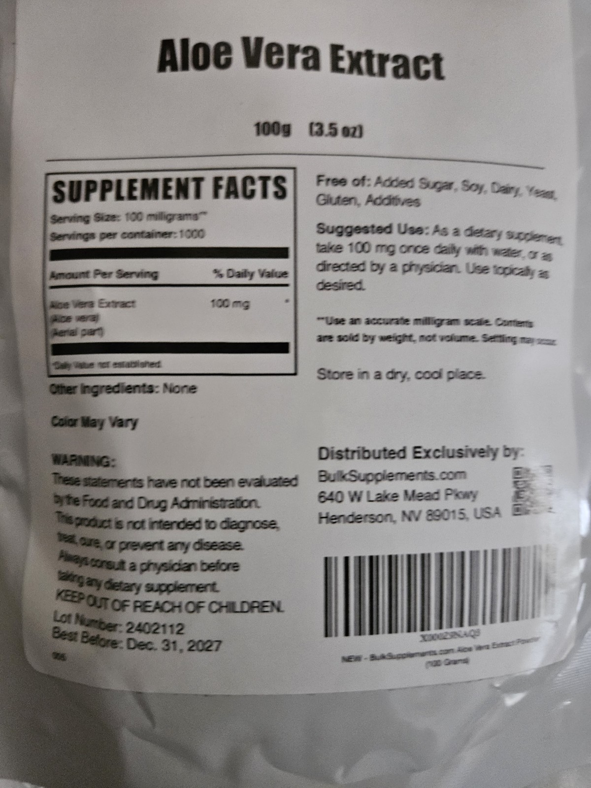 Bulk Supplements Aloe Vera Extract 1000 Servings No Sugar, Soy, Dairy, Gluten
