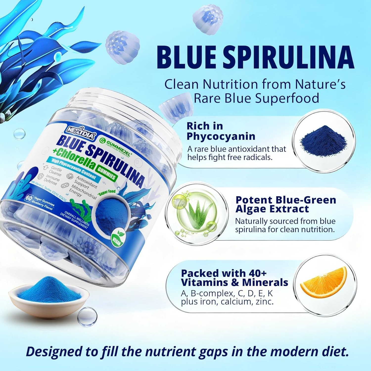 Nextdia Organic Blue Spirulina Gummies Sugar Free Superfood 120 Count Vegan