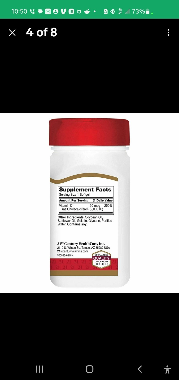 21st Century Vitamin D3 2000 IU Rapid Release Softgels Gluten Free 50 mcg 250 Ct