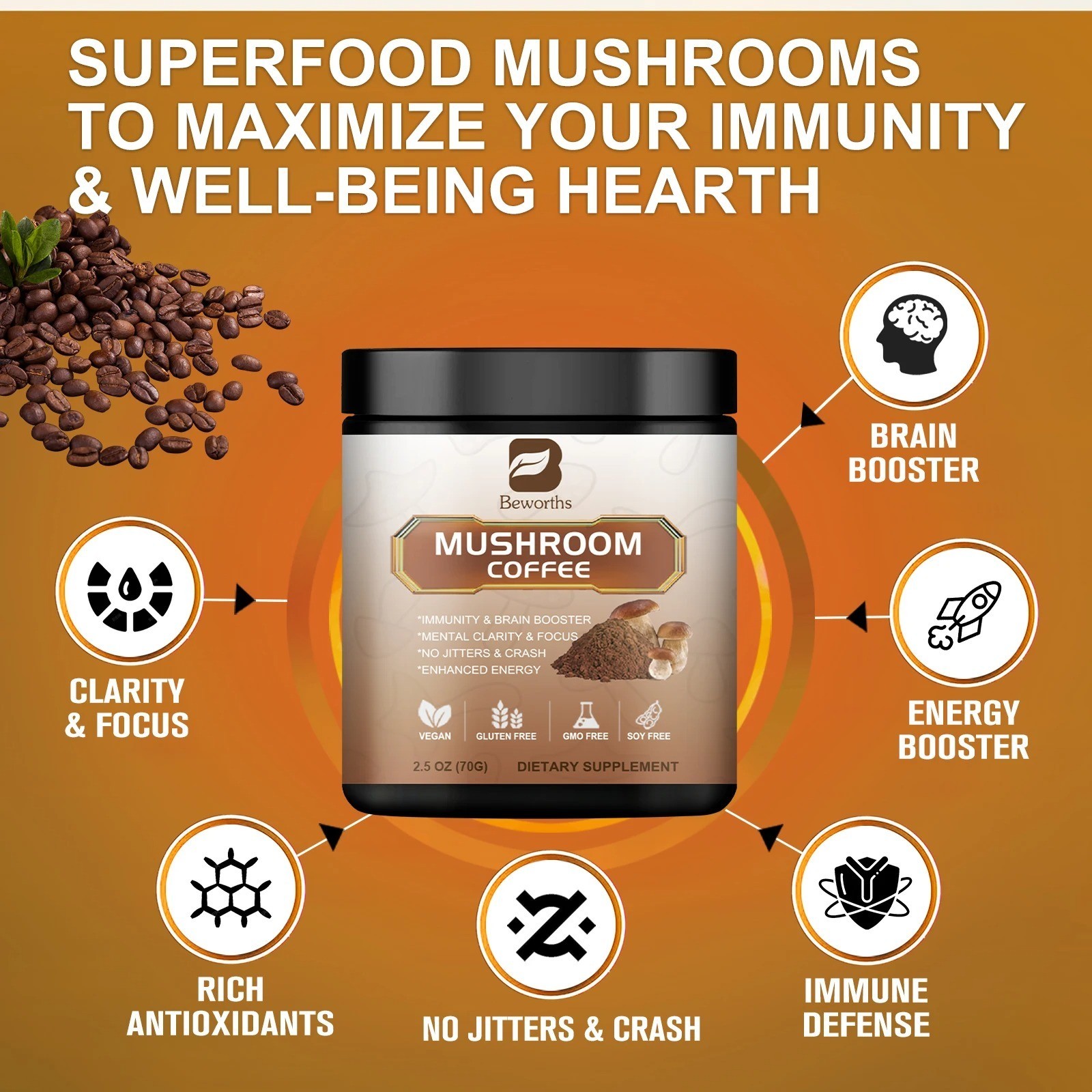 Mushroom Coffee Organic Lions Mane Immunity & Brain Booster 22/38/80 Servings