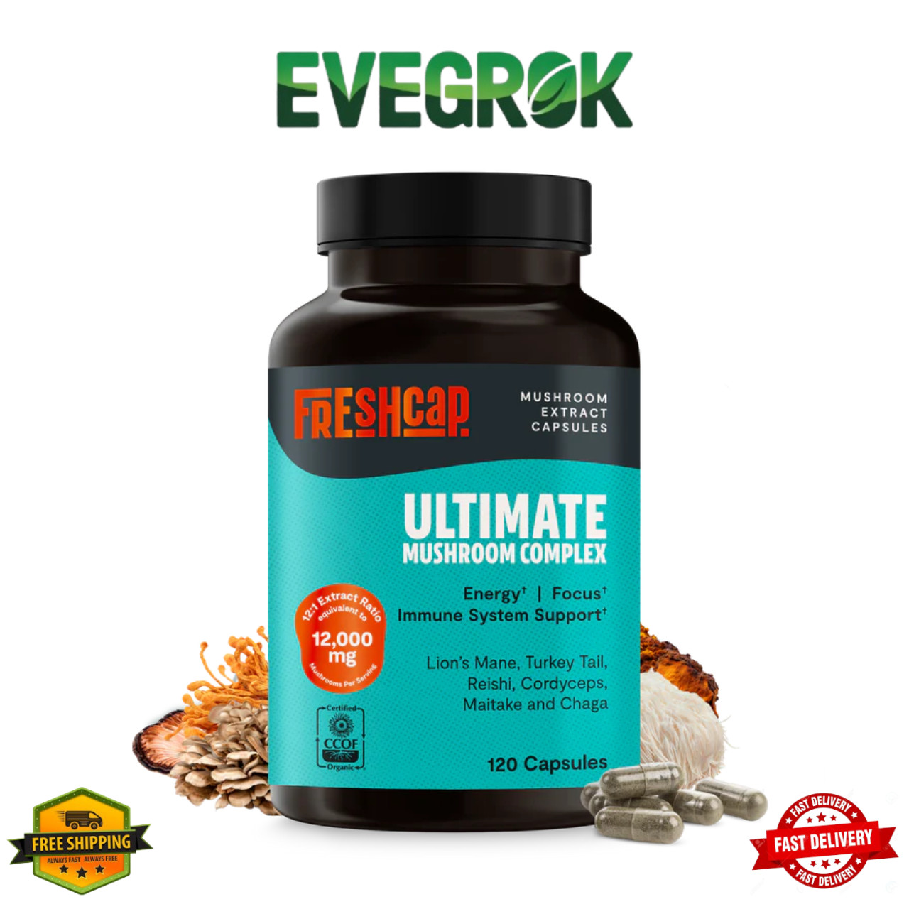 FreshCap Mushrooms Premium Organic Ultimate Mushroom Supplement – (120 Capsules)