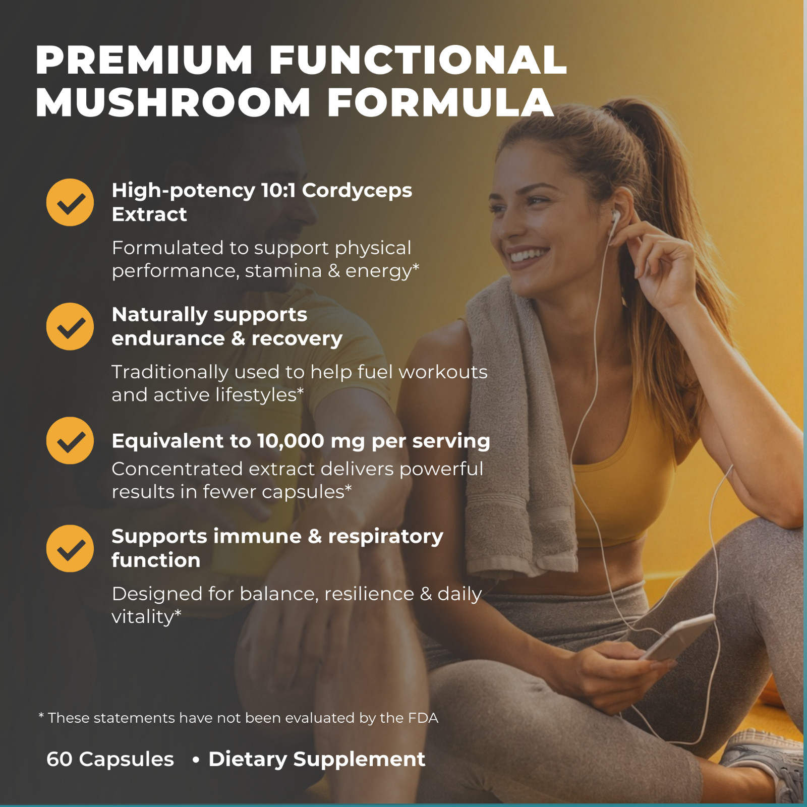 Cordyceps Mushroom Extract Capsules – 10:1 Concentrated Formula – 60 Capsules