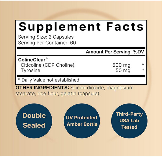 Citicoline Supplements, CDP Choline, Citicoline 500Mg plus Tyrosine 50Mg per Ser