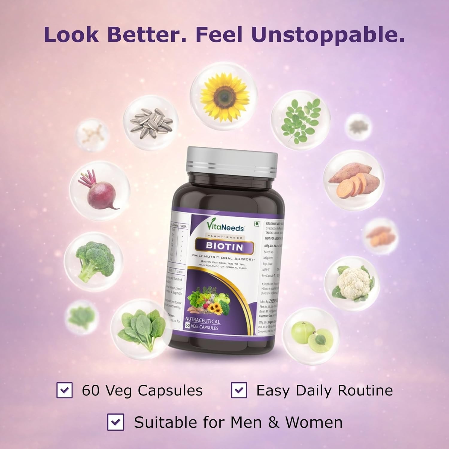 5 Pack VITA.NEEDS Biotin 60 Veg Caps Plant Based