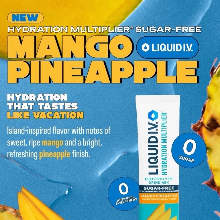 Liquid IV Sugar Free Mango Pineapple Electrolyte Powder Drink Mix, 12 Count
