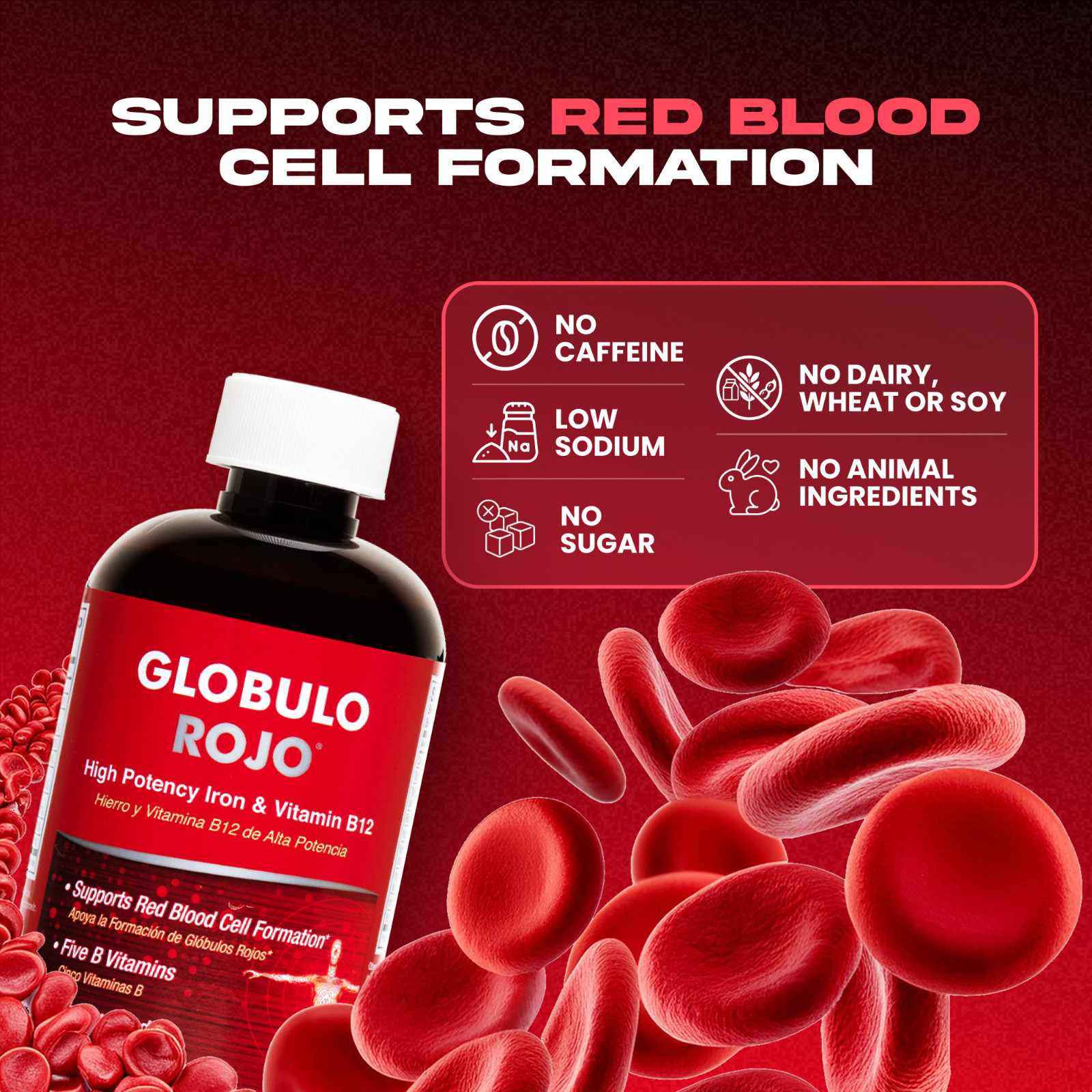 Globulo Rojo Liquid Dietary Supplement, B Vitamins and Iron 16 FL OZ B.B. 01/26