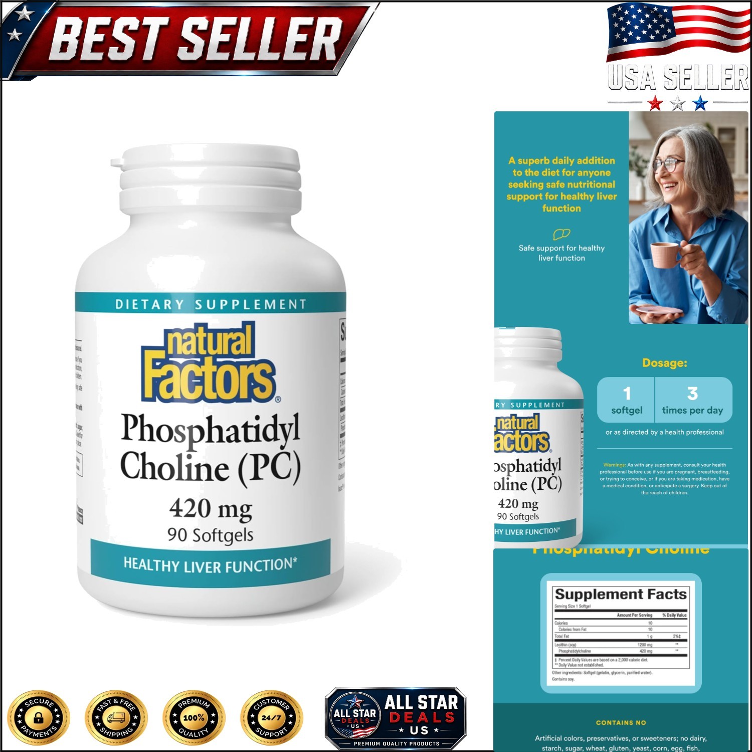 Natural Phosphatidyl Choline 420mg by Lecithin – 90 Soft Gels for Optimal Health