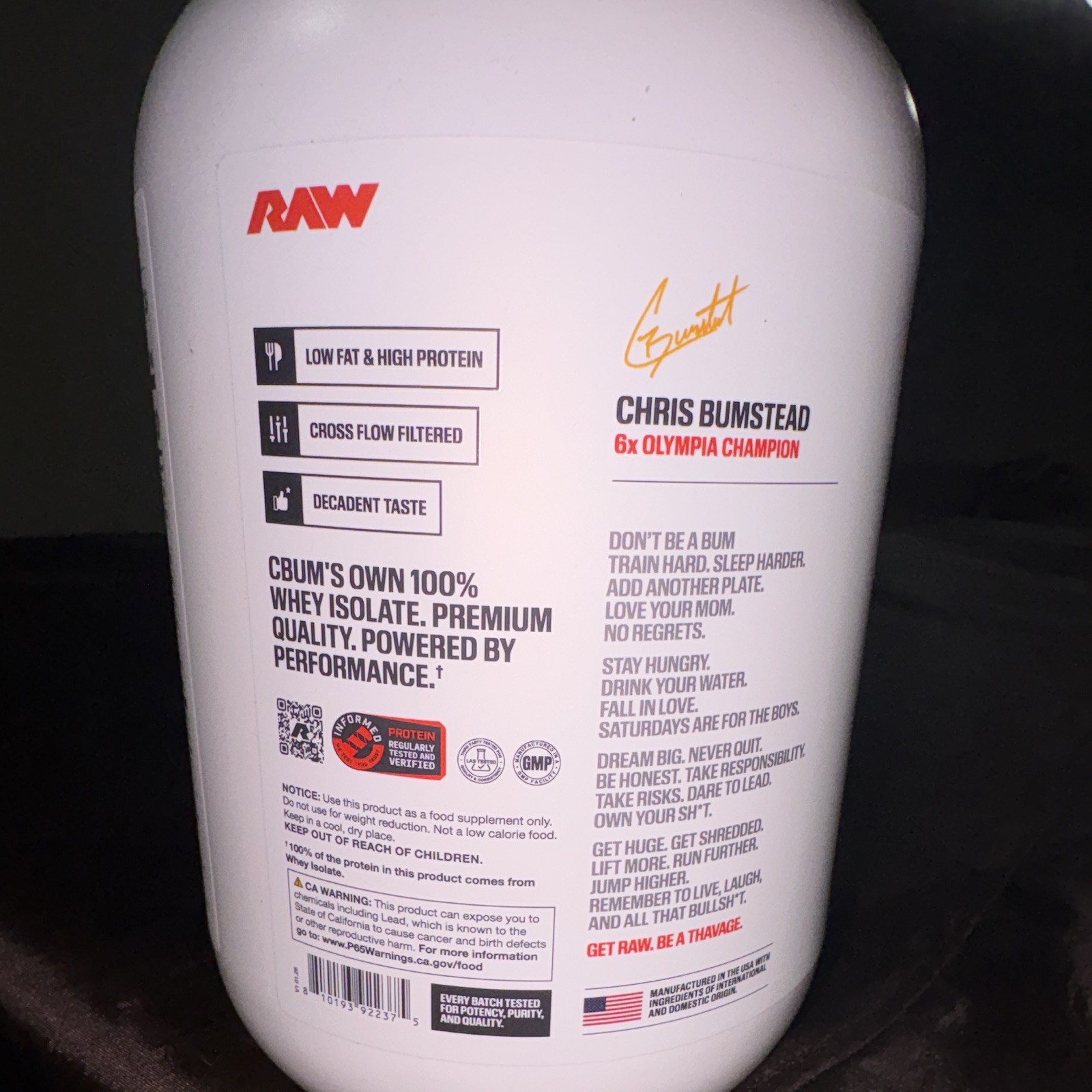 RAW Signature CBUM Whey Protein Isolate Powder Peaches & Cream 29.54 oz