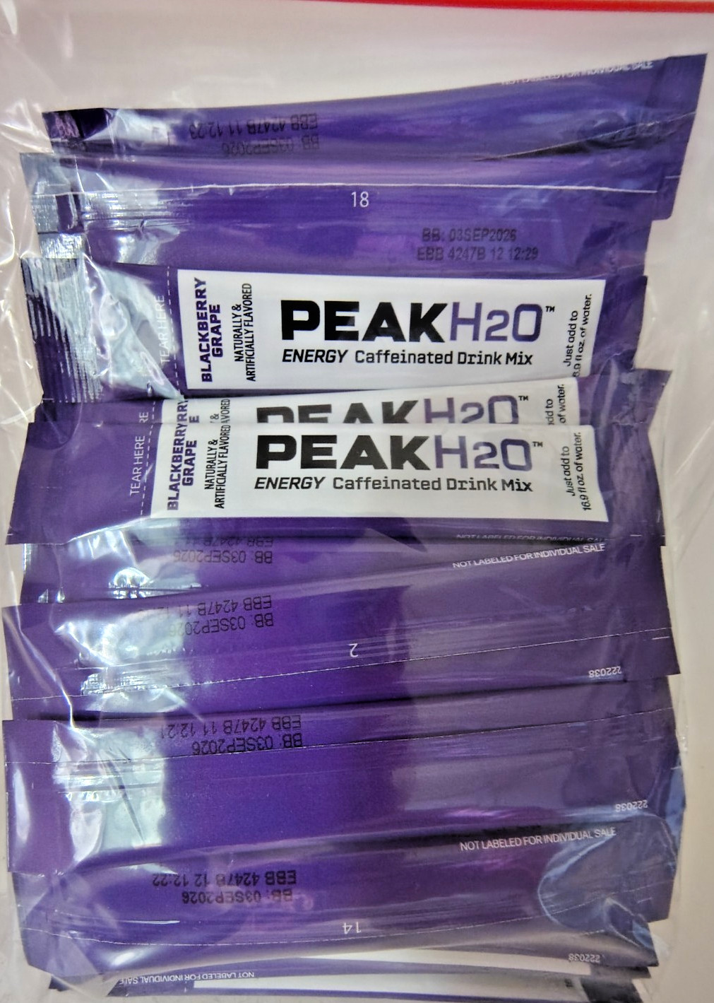 Stur PEAK H2O Energy Blackberry Grape w/ Caffeine, 0.1oz, BB 7/27, Lot of 66