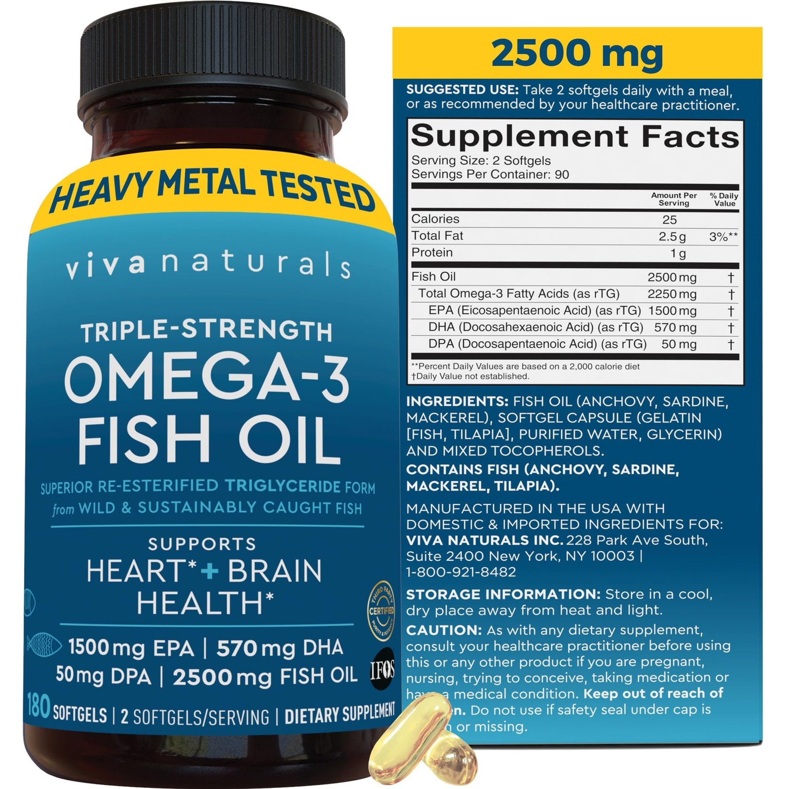 Triple Strength Fish Oil Omega 3 Supplements for Women and Men – 2500 mg High…