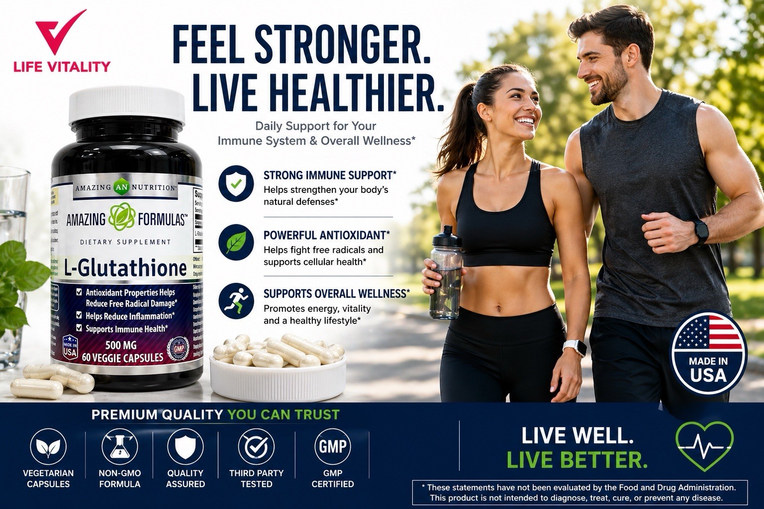 L-Glutathione 500mg 120 Veggie Capsules Total 2 Pack Antioxidant Immune Support