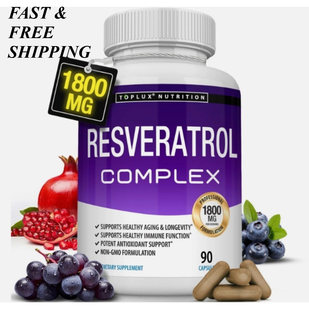 2 BOTTLES- Toplux Resveratrol Complex,1800mg Natural Antioxidant,Cellular Health