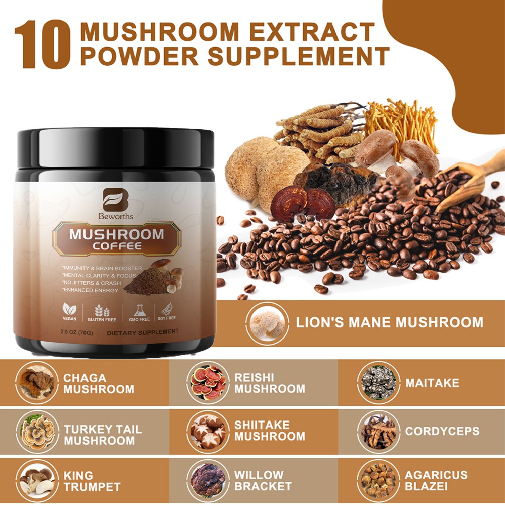 3x Mushroom Coffee Powder Lions Mane Reishi Immunity & Brain Booster 70g