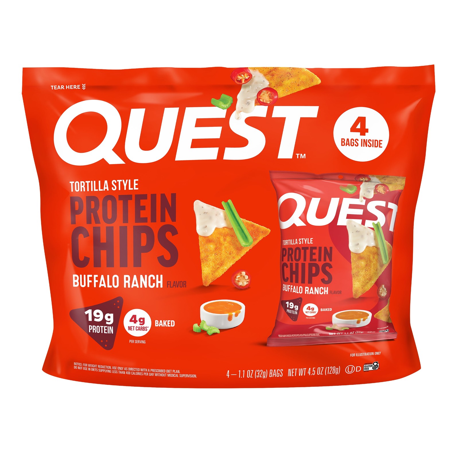 Quest Tortilla Style Protein Chips, Buffalo Ranch Flavor, Baked, 1.1Oz Bags, 4 C