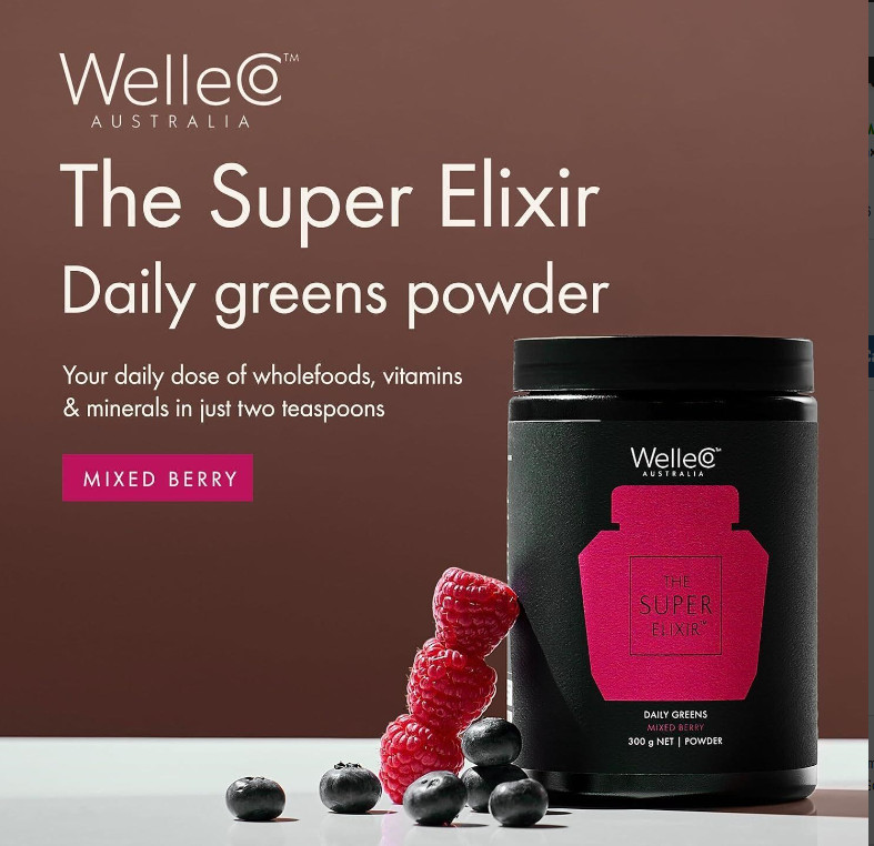 WelleCo The Super Elixir Daily Greens Powder, Probiotic Drink Mix Mixed Berry