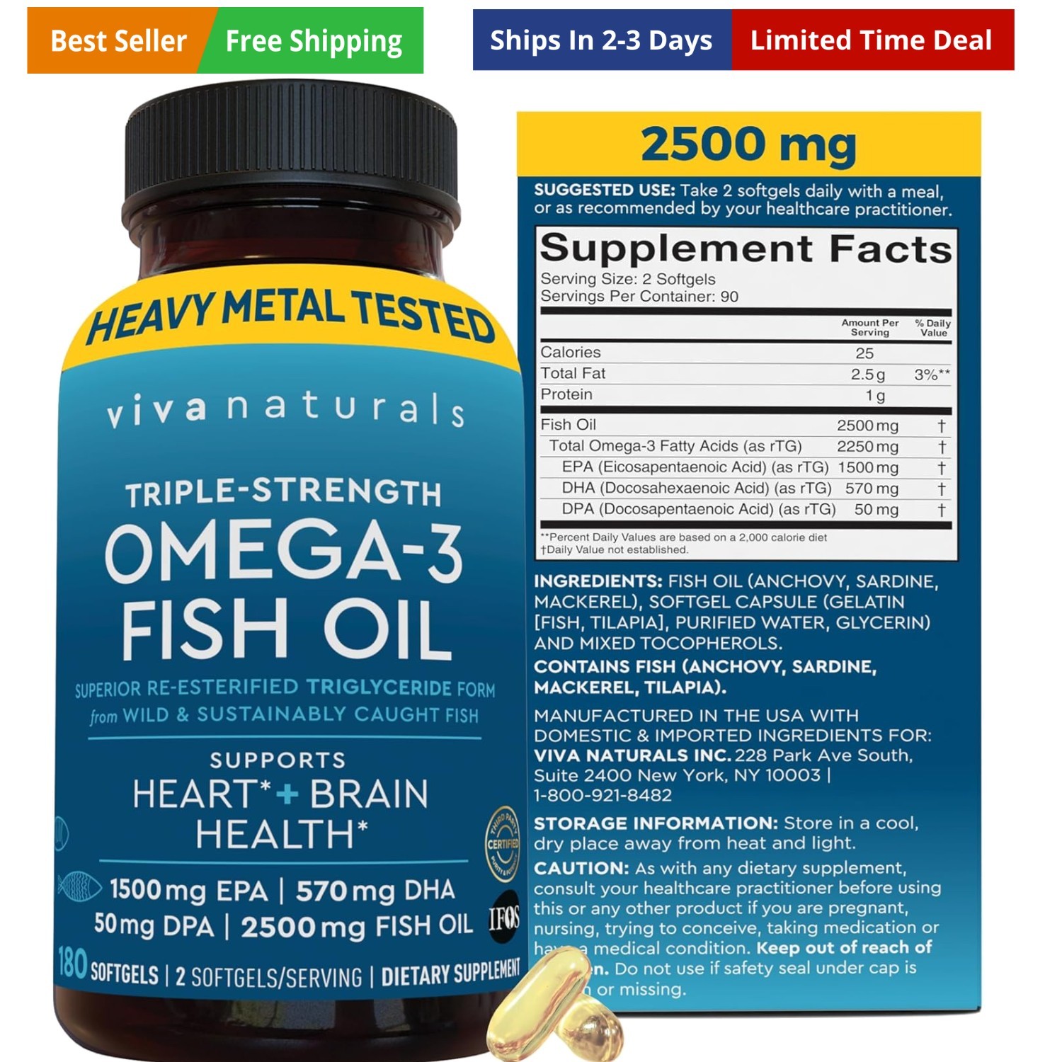 Triple Strength Fish Oil Omega 3 Supplements for Women and Men – 2500 mg High…