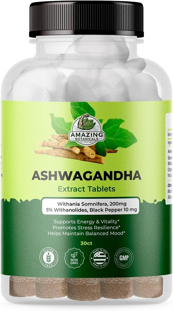 Organic Ashwagandha 200mg Tablets 30:1 Extract + Black Pepper | Vegan 30 Ct