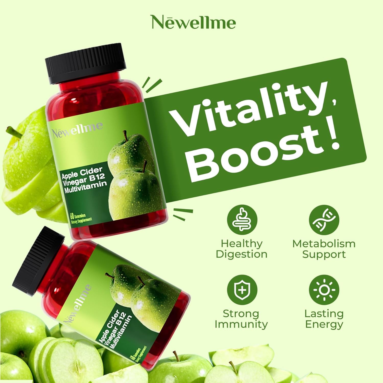 NEWELLME Sugar-Free Apple Cider Vinegar Gummies for Metabolism – 1000mg ACV
