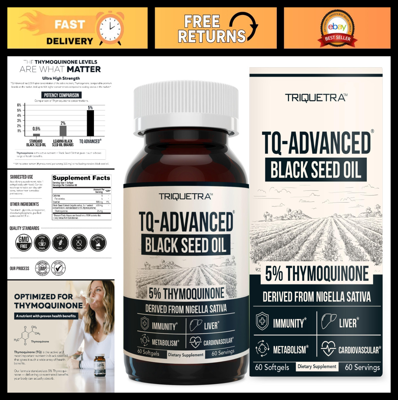 High Potency Black Seed Oil Softgels – 500mg, 5% Thymoquinone, Vegan, 60 Count