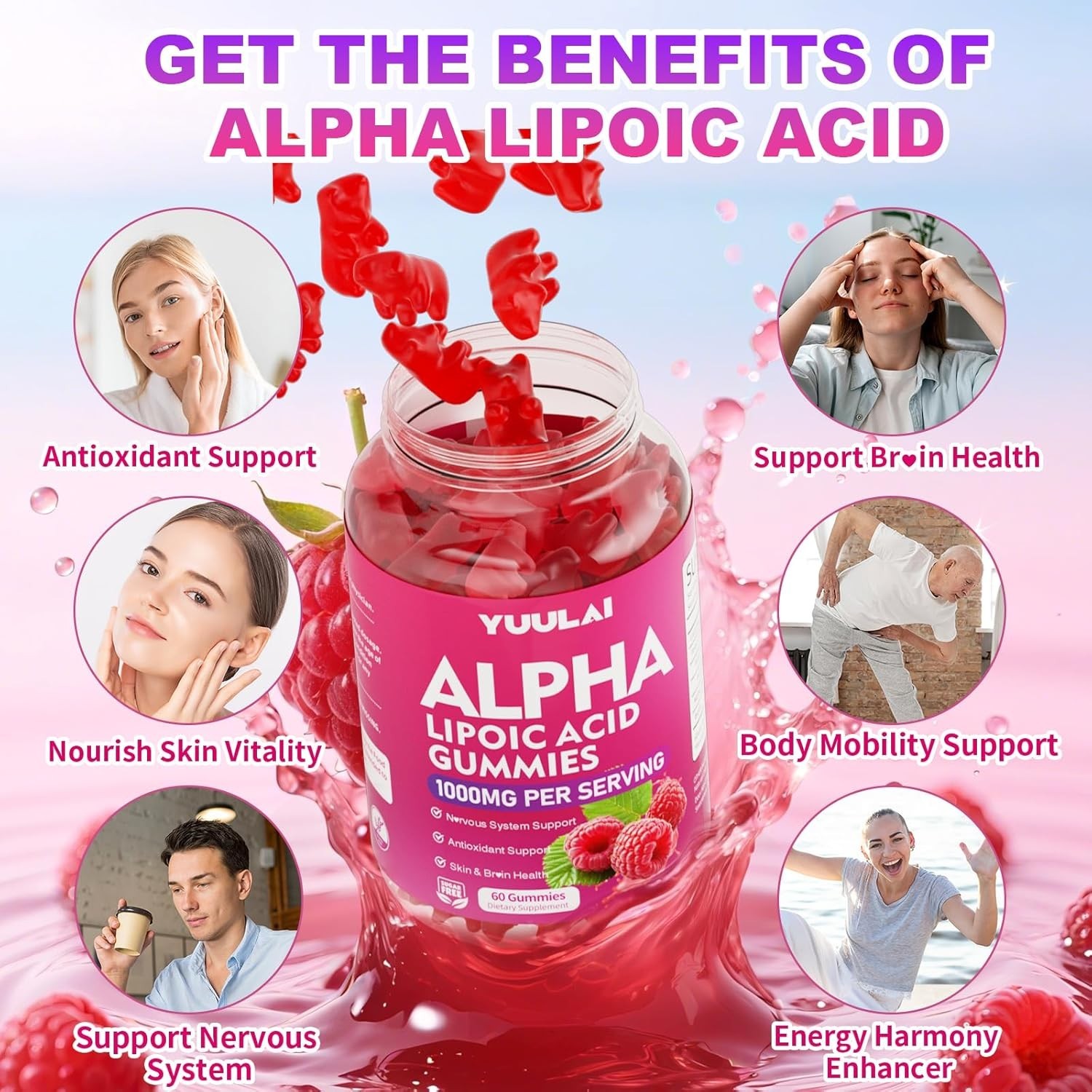 Pack of 2 Alpha Lipoic Acid Gummies 1000MG with Biotin, High Absorption Chewable