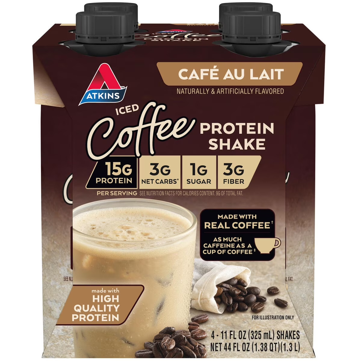 Atkins Café au Lait Iced Coffee Flavored High Protein Shake 4 Count