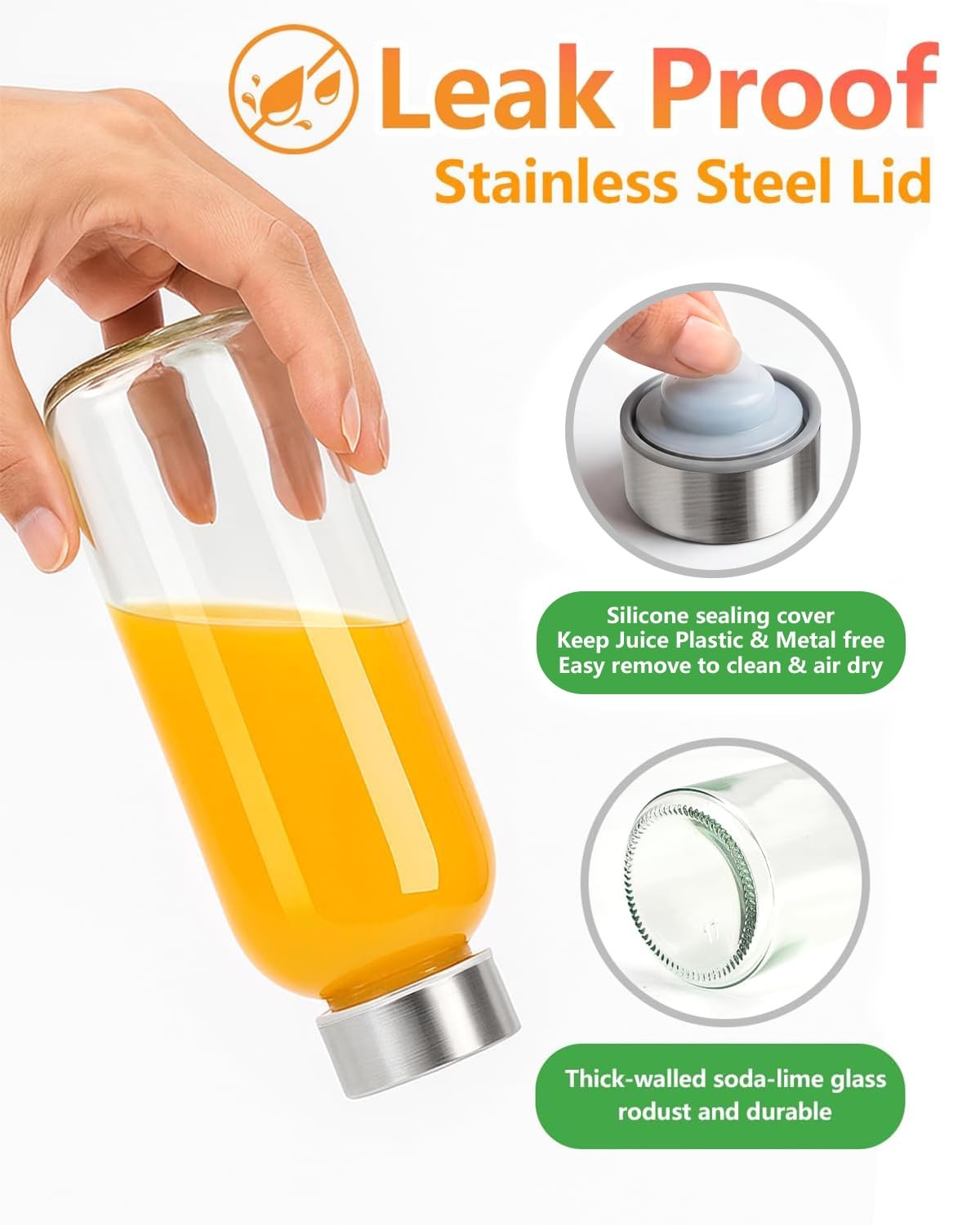 Glass Water Bottles with Lids & Straw 16 oz 8 Pack Reusable Juice Bottles With