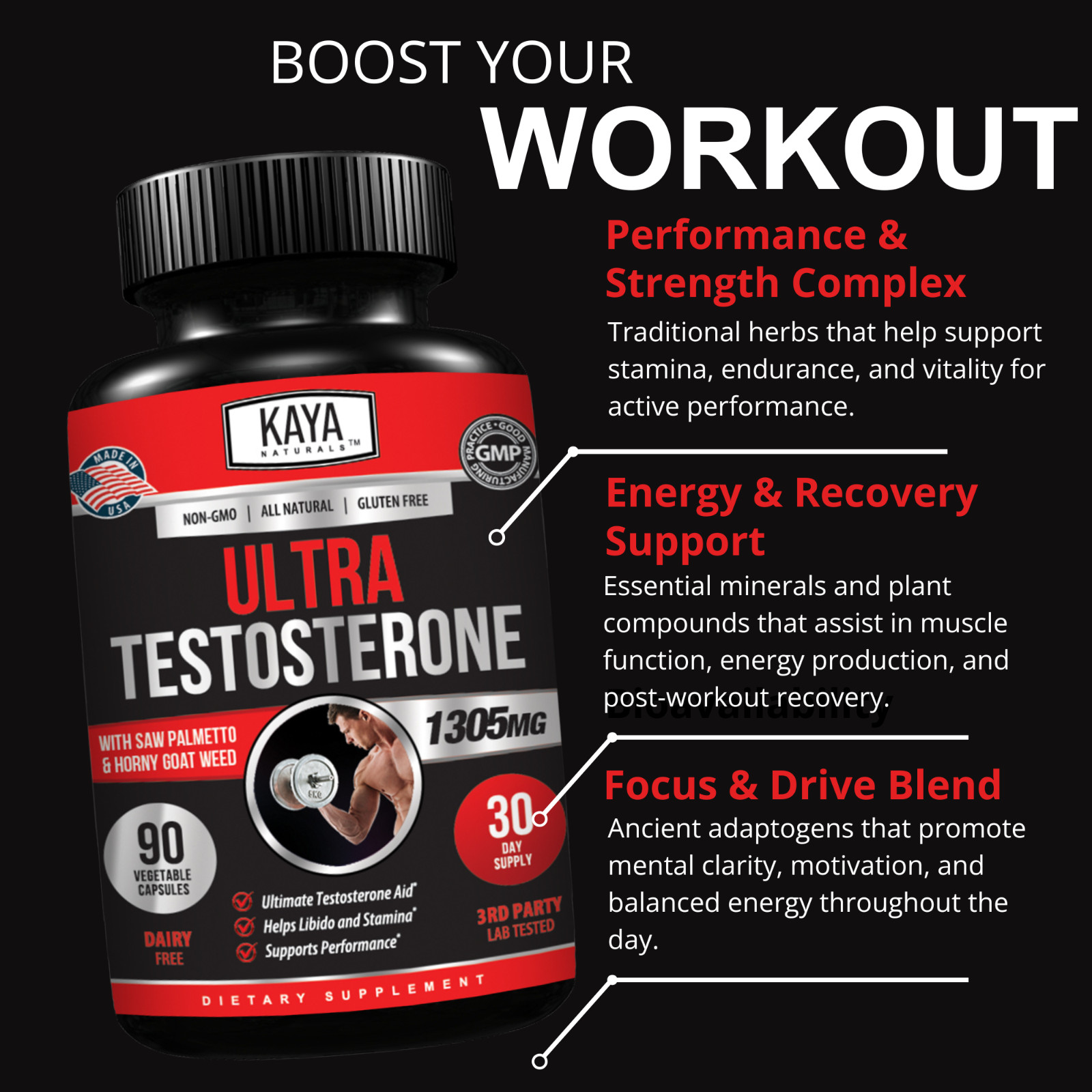 Natural Testosterone Booster 90ct Magnesium Zinc Tribulus Horny Goat Weed