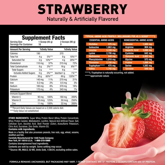 Body Fortress Whey Protein Strawberry 1.78lb 60g Protein Powder
